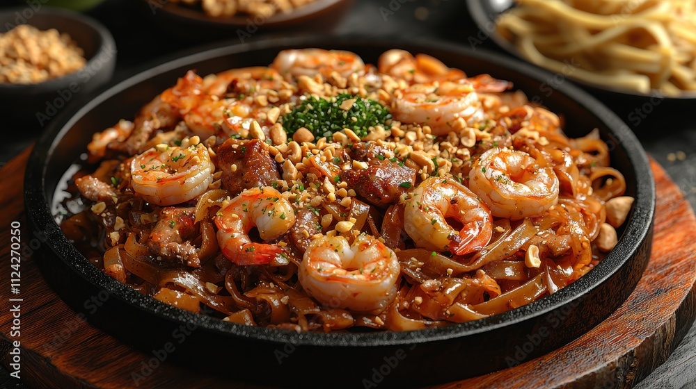 Sizzling pork and prawn pad thai garnished with crunchy peanuts street food market culinary dish vibrant environment close-up view thai cuisine Sizzling pork and prawn pad thai garnished with crunchy peanuts street food market culinary dish vibrant environment close-up view thai cuisine