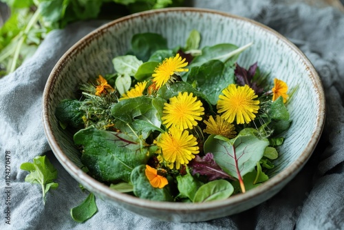 Meadow salad and medicinal herbs featuring dandelion and nettle for clean eating paleo enthusiasts photo