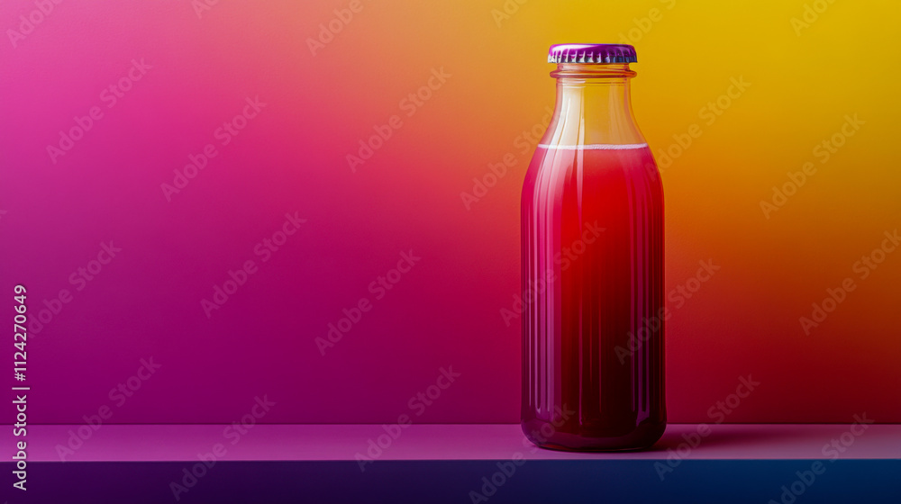 Cold-pressed juice in transparent bottle with gradient pastel background Cold-pressed juice in transparent bottle with gradient pastel background