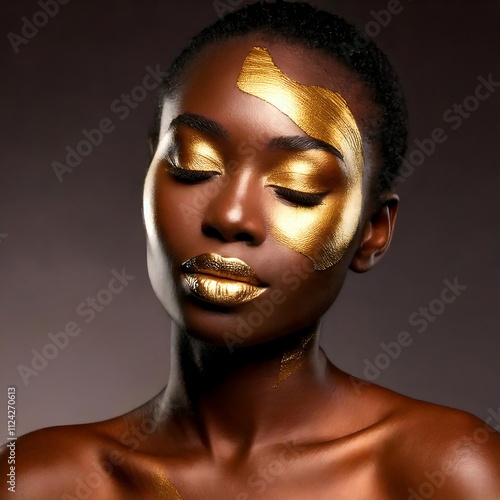 afro female model with flawless skin and gold creative make up