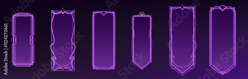 Deco frame for ui game. Medieval fantasy button for luxury interface. Magic islamic neon rectangle box with ancient ornament. Led sign bar with gradient texture. Premium purple banner for rpg