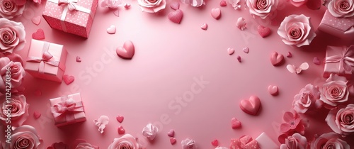 A Romantic Arrangement of Pink Roses, Presents, and Heart-Shaped Decorations on a Soft Pink Background for Celebrating Love and Special Occasions