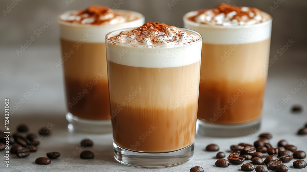 Collagen-infused coffee latte art on soft gray background with moody lighting Collagen-infused coffee latte art on soft gray background with moody lighting