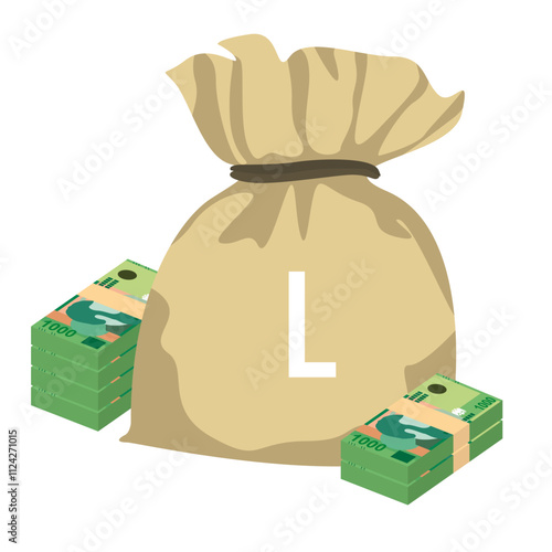 Albanian Lek Vector Illustration. Albania money set bundle banknotes. Money bag 1000 ALL. Flat style. Isolated on white background. Simple minimal design.