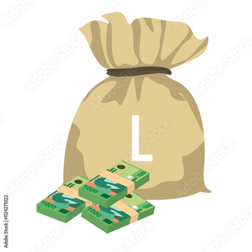 Albanian Lek Vector Illustration. Albania money set bundle banknotes. Money bag 1000 ALL. Flat style. Isolated on white background. Simple minimal design.