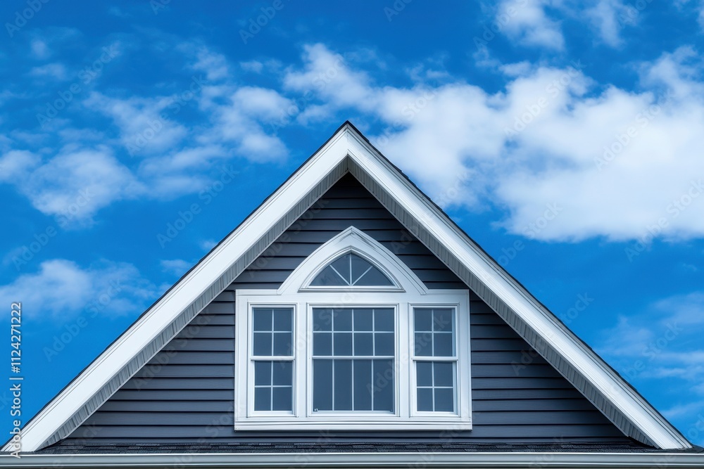 Modern private home with a dual gable roof white trim over windows gray vinyl siding set against a blue sky Modern private home with a dual gable roof white trim over windows gray vinyl siding set against a blue sky