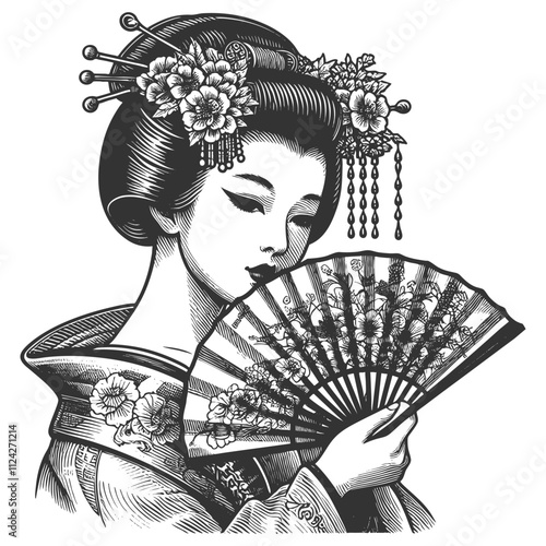  graceful geisha in traditional attire, adorned with flowers and hairpins, holding a decorative fansketch engraving generative ai vector illustration. Scratch board imitation. Black and white image.