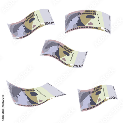 Albanian Lek Vector Illustration. Albania money set bundle banknotes. Falling, flying money 2000 ALL. Flat style. Isolated on white background. Simple minimal design.