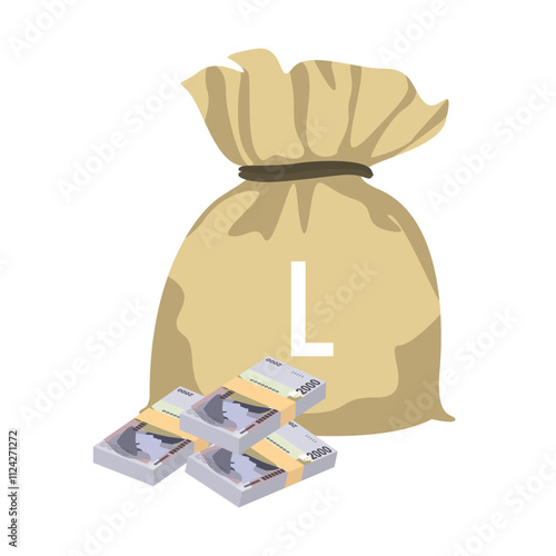 Albanian Lek Vector Illustration. Albania money set bundle banknotes. Money bag 2000 ALL. Flat style. Isolated on white background. Simple minimal design.