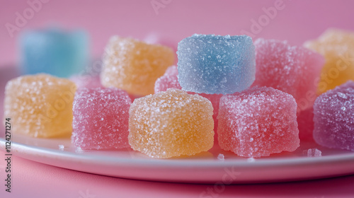Colorful chewy gummies on pastel pink background with bright diffused lighting