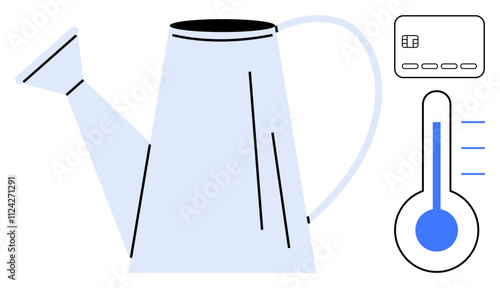 Watering can next to thermometer and chip card depicting growth, temperature measurement, and payment. Ideal for financial management, resource allocation, growth strategies, environmental impact