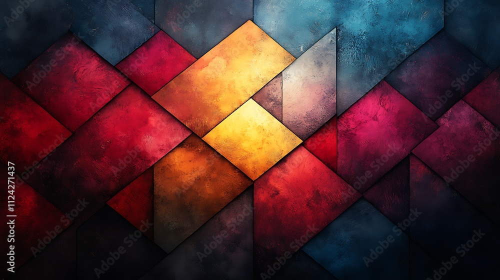 Fototapeta premium Abstract geometric pattern with vibrant, textured, multicolored squares.