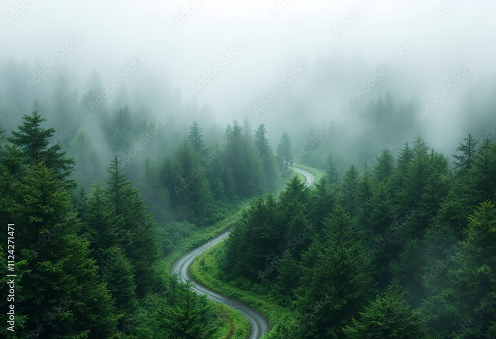 A lush, green forest covered in mist and fog, with a winding path or road cutting through the trees A lush, green forest covered in mist and fog, with a winding path or road cutting through the trees