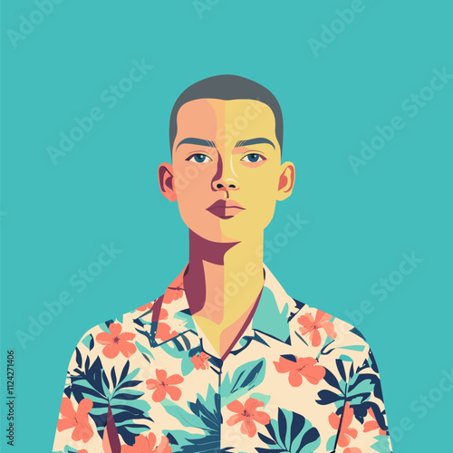 Summer Fashion Portrait. Young Man in Floral Shirt. Vector Illustration. Minimalist Illustration Vector.