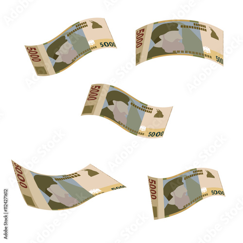 Albanian Lek Vector Illustration. Albania money set bundle banknotes. Falling, flying money 5000 ALL. Flat style. Isolated on white background. Simple minimal design.