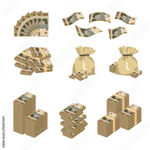 Albanian Lek Vector Illustration. Huge packs of Albania money set bundle banknotes. Bundle with cash bills. Deposit, wealth, accumulation and inheritance. Falling money 5000 ALL