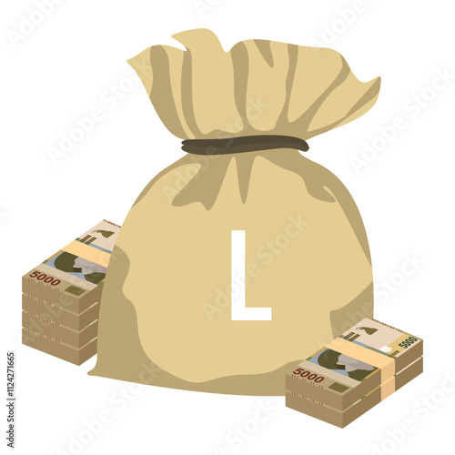 Albanian Lek Vector Illustration. Albania money set bundle banknotes. Money bag 5000 ALL. Flat style. Isolated on white background. Simple minimal design.
