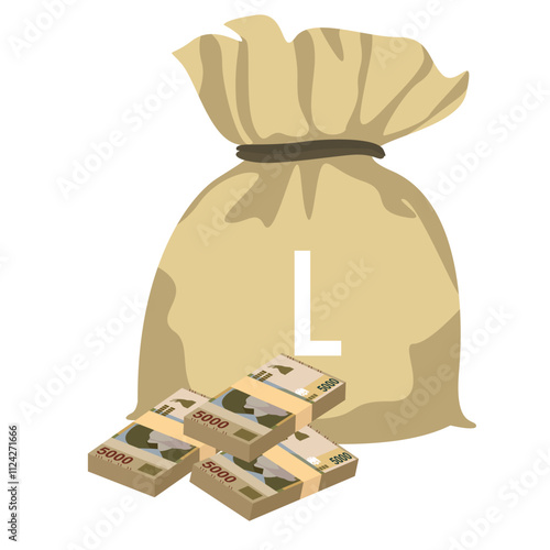Albanian Lek Vector Illustration. Albania money set bundle banknotes. Money bag 5000 ALL. Flat style. Isolated on white background. Simple minimal design.