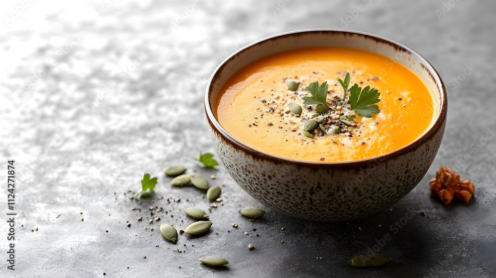 Creamy pumpkin soup in bowl with seeds and parsley. Creamy pumpkin soup in bowl with seeds and parsley.