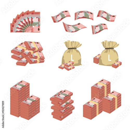 Albanian Lek Vector Illustration. Huge packs of Albania money set bundle banknotes. Bundle with cash bills. Deposit, wealth, accumulation and inheritance. Falling money 10000 ALL