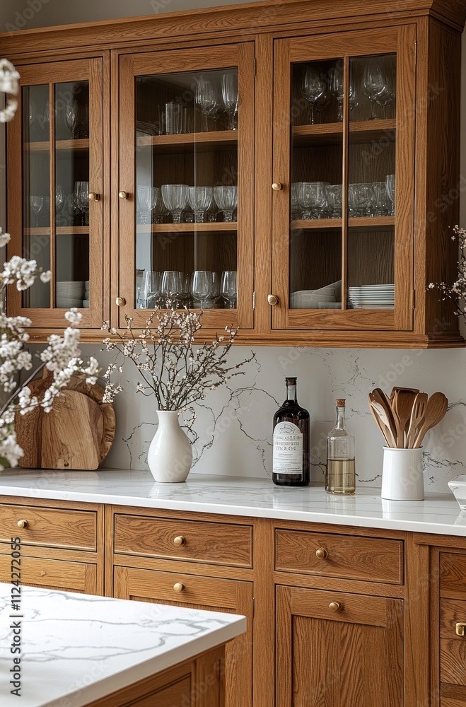 Classic wooden kitchen cabinetry with glass doors, showcasing glassware and decor, on marble countertops. Classic wooden kitchen cabinetry with glass doors, showcasing glassware and decor, on marble countertops.