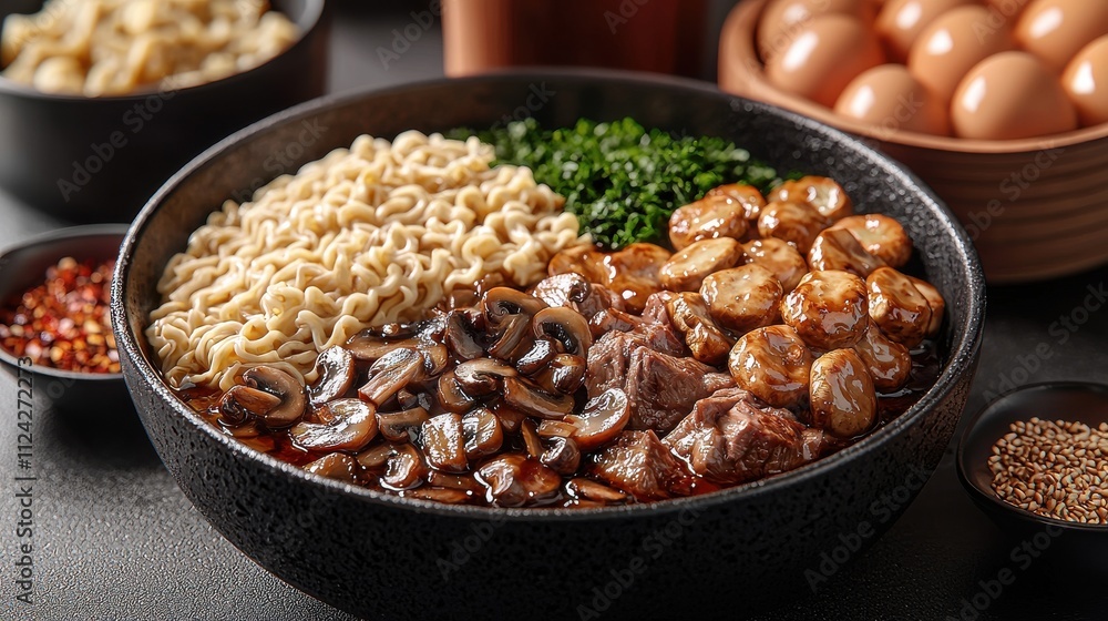 Sizzling beef and mushroom stir-fry over egg noodles asian kitchen food warm atmosphere close-up culinary delight Sizzling beef and mushroom stir-fry over egg noodles asian kitchen food warm atmosphere close-up culinary delight