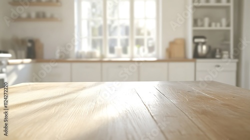 Sunlit Wooden Tabletop in a Bright Kitchen Setting