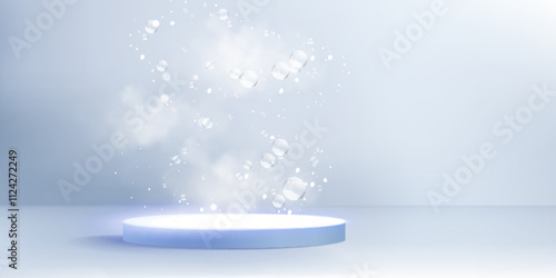 3d blue circle podium with bubble for product. Abstract cosmetic platform with cloud and flying realistic soap sphere in studio. Minimal pastel room render with pedestal on floor and smoke on bg.