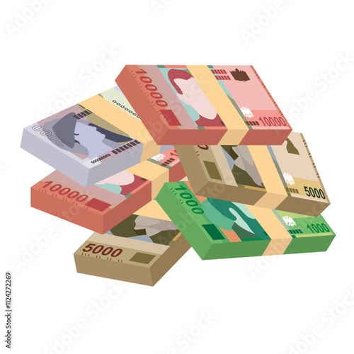 Albanian Lek Vector Illustration. Albania money set bundle banknotes. Paper money 1000, 2000, 5000, 10000 ALL. Flat style. Isolated on white background. Simple minimal design.