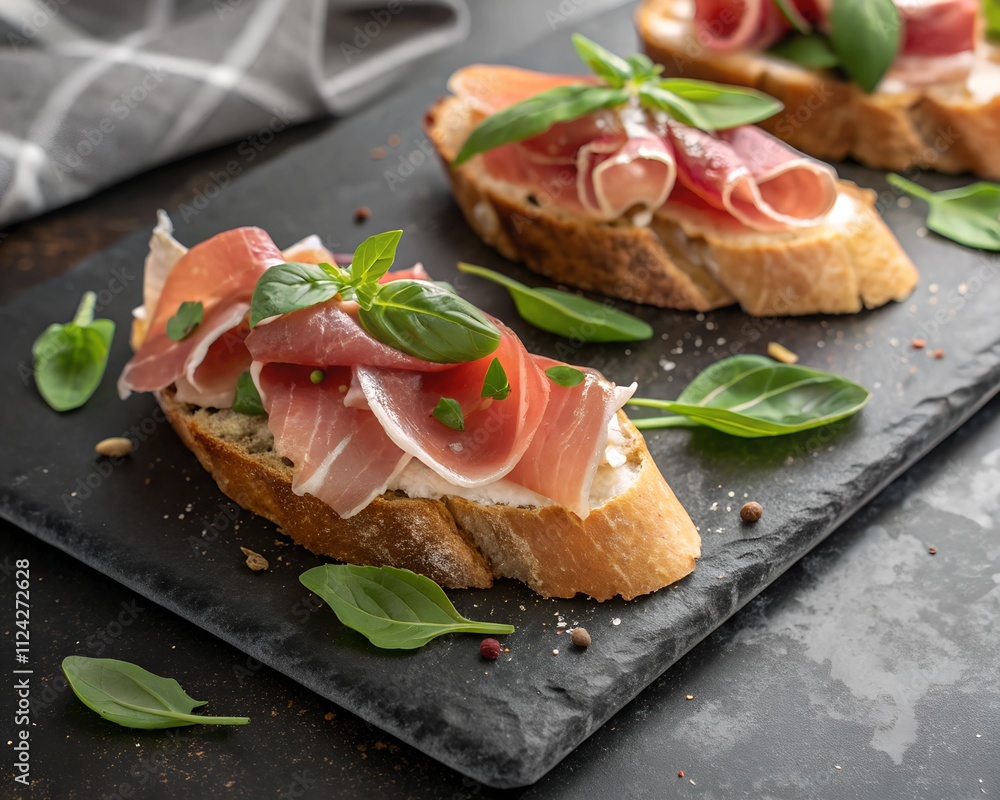 Bruschetta crostini with Jamn ham and fresh basil Bruschetta crostini with Jamn ham and fresh basil