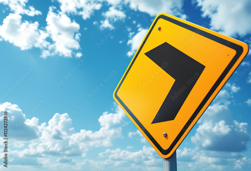 Yellow arrow road sign against a blue sky with white clouds Yellow arrow road sign against a blue sky with white clouds