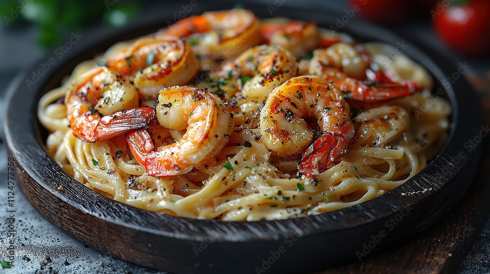 Fototapeta premium Sizzling shrimp scampi with garlic butter sauce kitchen food culinary delight close-up flavorful dish