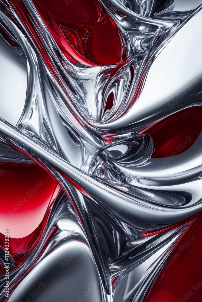 Red and silver elements intertwine, forming dynamic and fluid shapes that evoke a sense of movement and modern artistry in a striking abstract composition Red and silver elements intertwine, forming dynamic and fluid shapes that evoke a sense of movement and modern artistry in a striking abstract composition