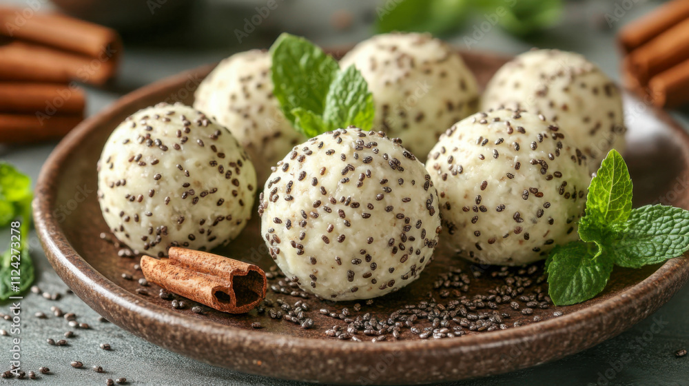 Delicious energy balls with chia seeds on a light pastel plate Delicious energy balls with chia seeds on a light pastel plate