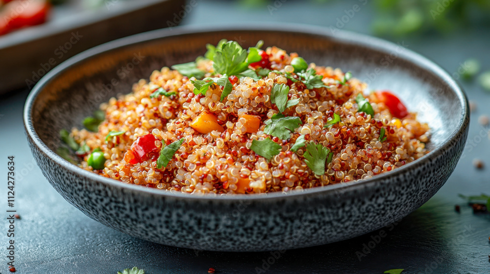 Delicious quinoa dish on clean plate with fresh vegetables and herbs Delicious quinoa dish on clean plate with fresh vegetables and herbs
