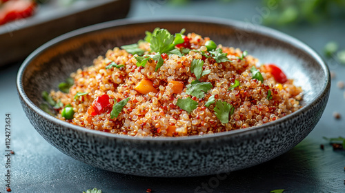 Delicious quinoa dish on clean plate with fresh vegetables and herbs