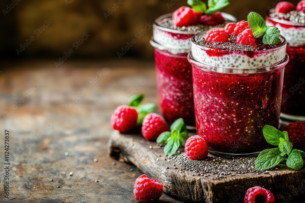 Nutritious morning meal Chia pudding and smoothies in glass jars on a rustic table Nutritious morning meal Chia pudding and smoothies in glass jars on a rustic table