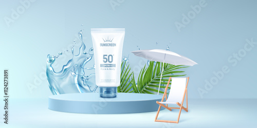 Sunscreen tube mockup on light blue cylinder podium with clear water splash, palm tree leaves, beach umbrella and lounge chair. Summer vacation body and face care lotion presentation and promotion.