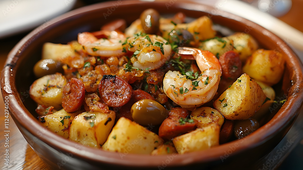 Hearty dish of roasted shrimp, crispy golden potatoes, chorizo slices, and green olives, garnished with fresh herbs, served in a rustic earthenware bowl. Hearty dish of roasted shrimp, crispy golden potatoes, chorizo slices, and green olives, garnished with fresh herbs, served in a rustic earthenware bowl.