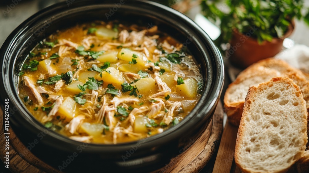 A hearty chicken and potato soup simmers in a crockpot, featuring fresh herbs and accompanied by slices of crusty bread, all set on a rustic table A hearty chicken and potato soup simmers in a crockpot, featuring fresh herbs and accompanied by slices of crusty bread, all set on a rustic table