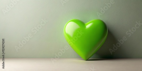 A vibrant green heart shape rests on a minimalist surface against a muted green wall background