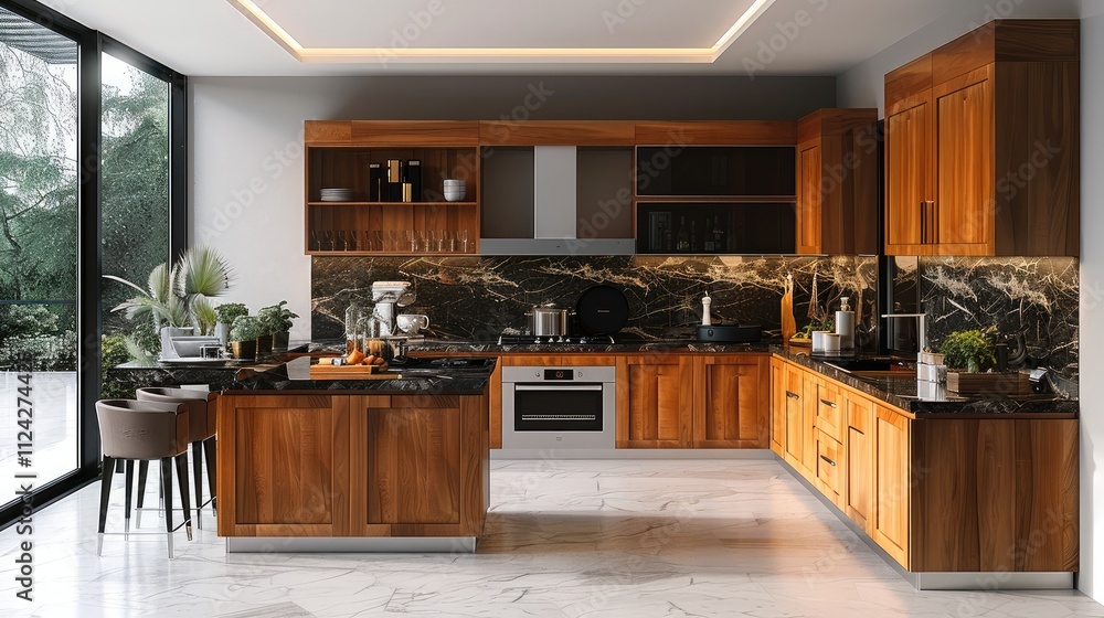 Modern kitchen, wood finish with marble counter, kitchen island with stove and bar chairs. Modern kitchen, wood finish with marble counter, kitchen island with stove and bar chairs.