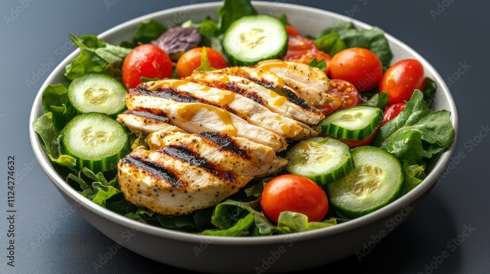 Grilled chicken salad with mixed greens and cherry tomatoes healthy meal kitchen contemporary style top-down view fresh ingredients Grilled chicken salad with mixed greens and cherry tomatoes healthy meal kitchen contemporary style top-down view fresh ingredients
