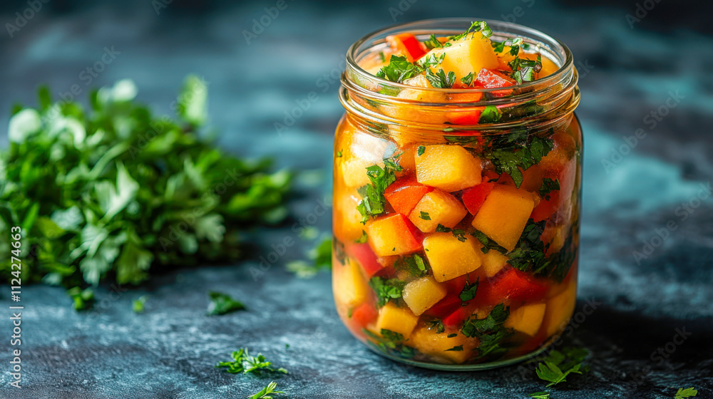Fresh vegetable soup in a glass jar on neutral background Fresh vegetable soup in a glass jar on neutral background