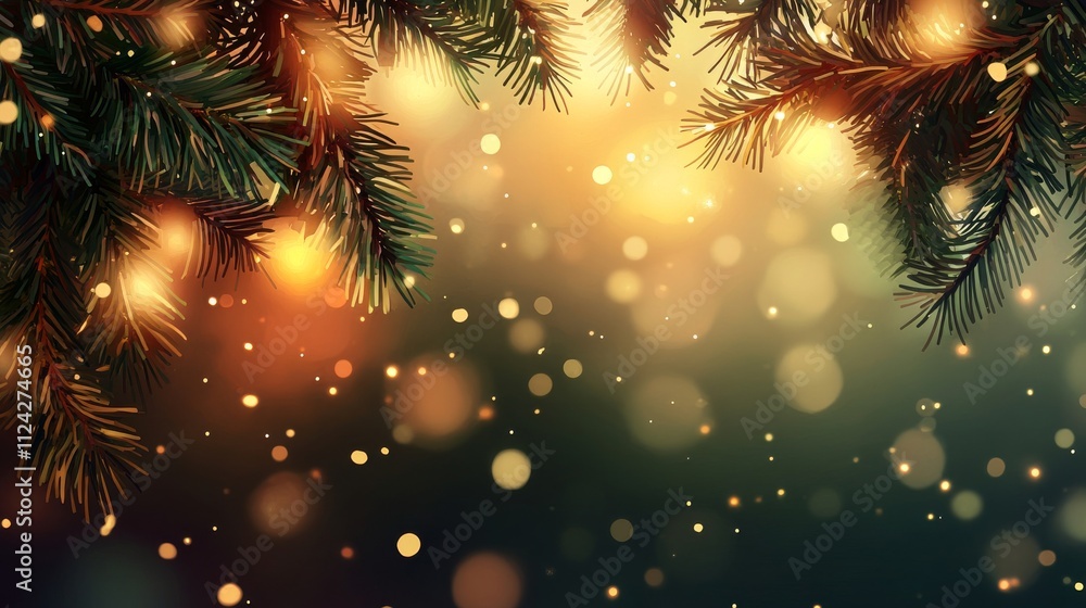Pine branches frame glowing bokeh background, winter illustration. Pine branches frame glowing bokeh background, winter illustration.