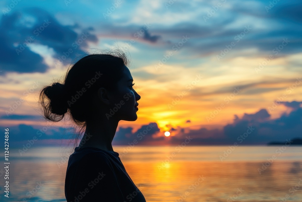 Optimistic girl gazing at the sunset by the ocean Silhouette of a dreaming woman Optimistic girl gazing at the sunset by the ocean Silhouette of a dreaming woman