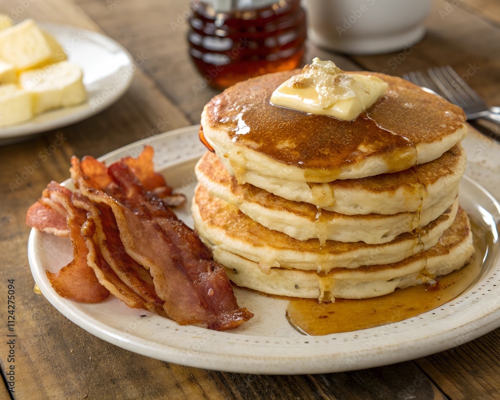 sweet pancakes with butter and bacon traditional american breakfast sweet pancakes with butter and bacon traditional american breakfast