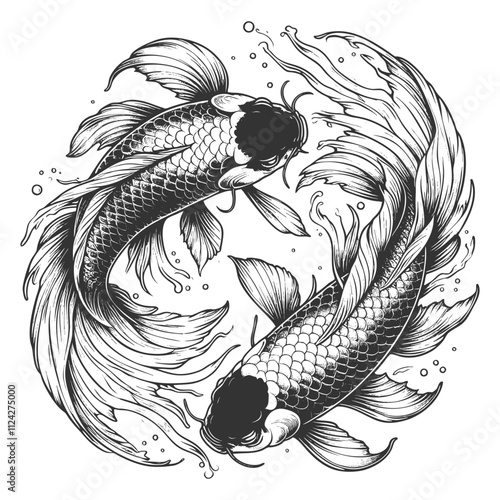 two koi fish swimming in a circular motion, with flowing fins and detailed scalessketch engraving generative ai vector illustration. Scratch board imitation. Black and white image.
