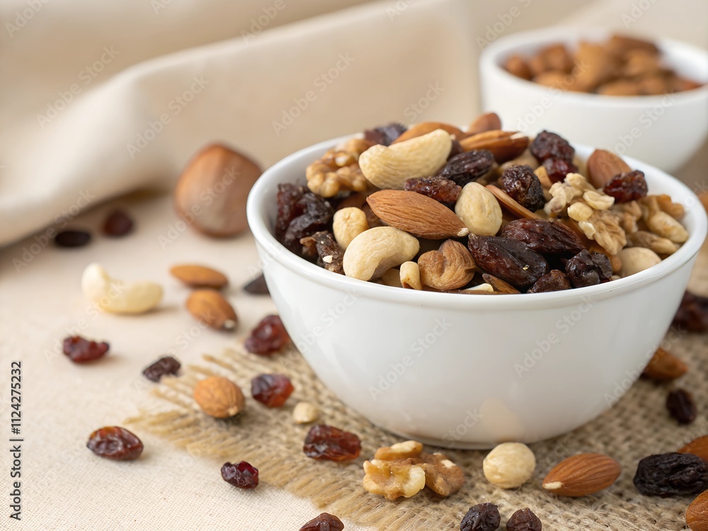 The mix of various nuts and raisins in a white bowl The mix of various nuts and raisins in a white bowl
