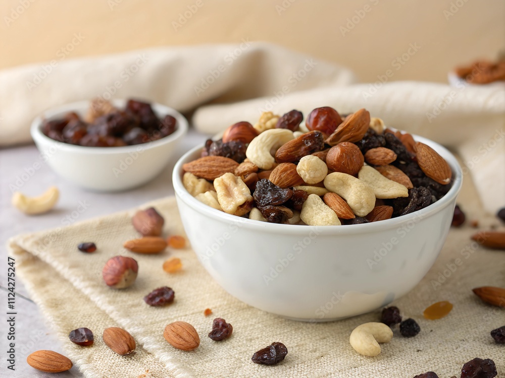 The mix of various nuts and raisins in a white bowl The mix of various nuts and raisins in a white bowl